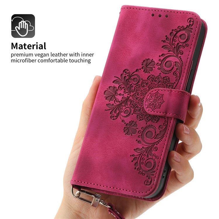 Leather Phone Case for vivo Y02A 4G , Imprinted Flower Stand Wallet Cover with Wrist Strap + Shoulder Strap - Wine Red