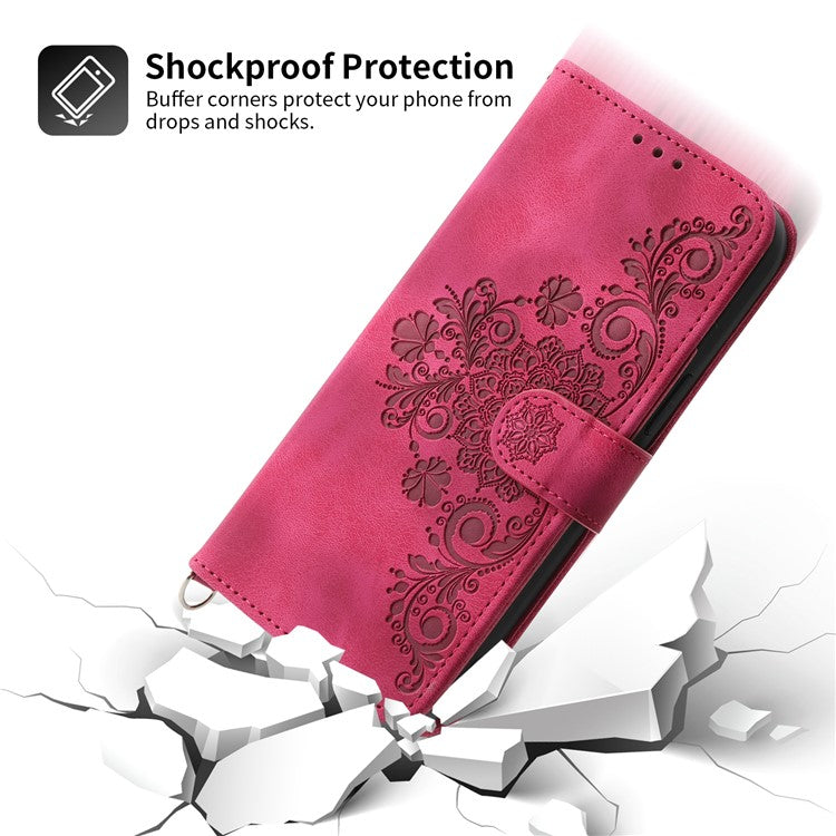 Leather Phone Case for vivo Y02A 4G , Imprinted Flower Stand Wallet Cover with Wrist Strap + Shoulder Strap - Wine Red