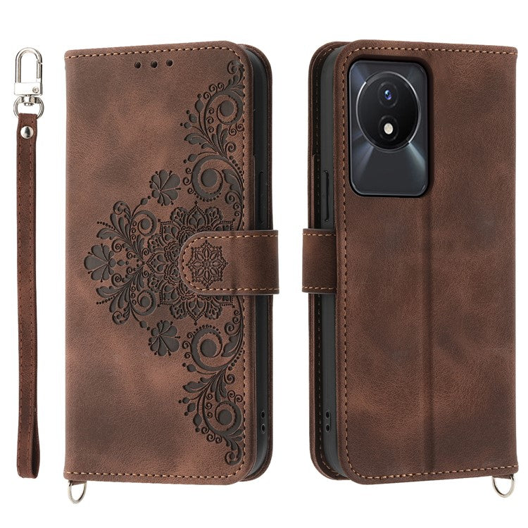 Leather Phone Case for vivo Y02A 4G , Imprinted Flower Stand Wallet Cover with Wrist Strap + Shoulder Strap - Brown