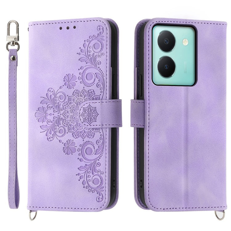 Imprinted Flower Phone Case for vivo Y36 4G (Global) , Stand Wallet Leather Cover with Wrist Strap + Shoulder Strap - Light Purple