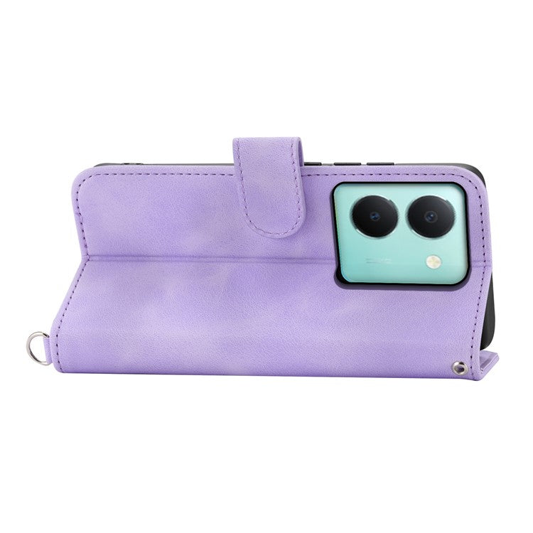 Imprinted Flower Phone Case for vivo Y36 4G (Global) , Stand Wallet Leather Cover with Wrist Strap + Shoulder Strap - Light Purple