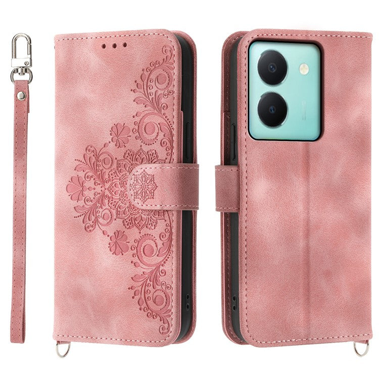 Imprinted Flower Phone Case for vivo Y36 4G (Global) , Stand Wallet Leather Cover with Wrist Strap + Shoulder Strap - Pink