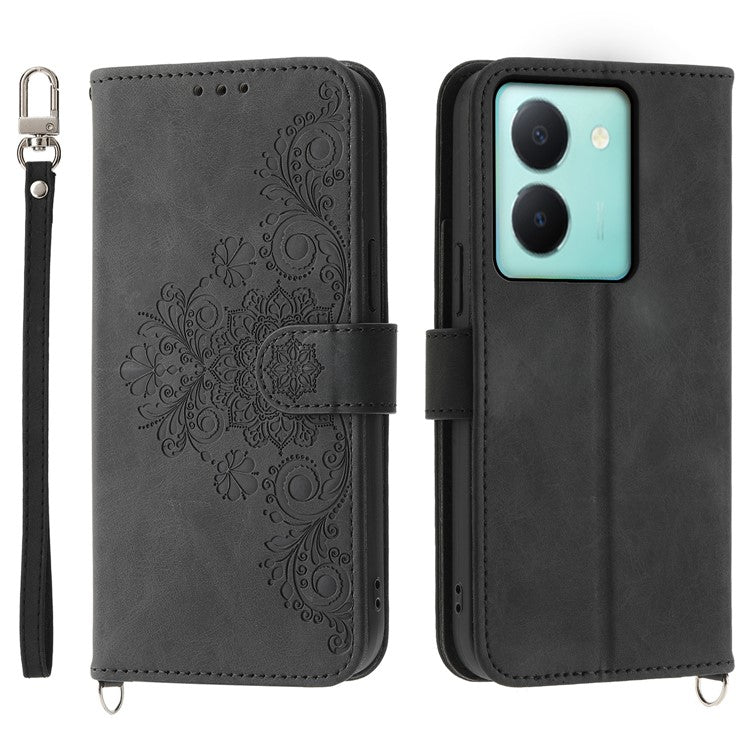 Imprinted Flower Phone Case for vivo Y36 4G (Global) , Stand Wallet Leather Cover with Wrist Strap + Shoulder Strap - Black