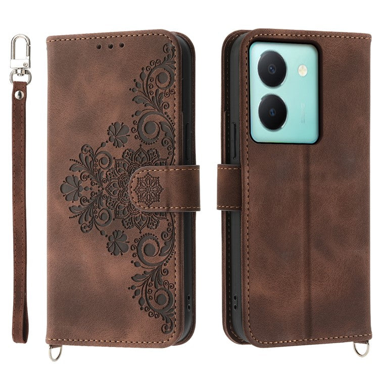 Imprinted Flower Phone Case for vivo Y36 4G (Global) , Stand Wallet Leather Cover with Wrist Strap + Shoulder Strap - Brown