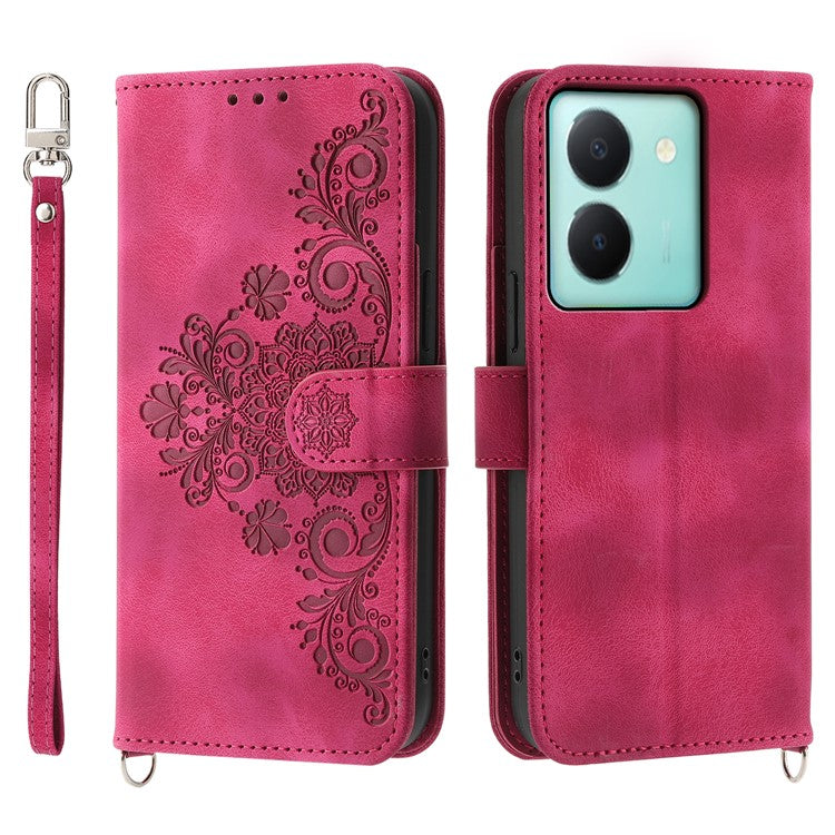 Imprinted Flower Phone Case for vivo Y36 4G (Global) , Stand Wallet Leather Cover with Wrist Strap + Shoulder Strap - Wine Red