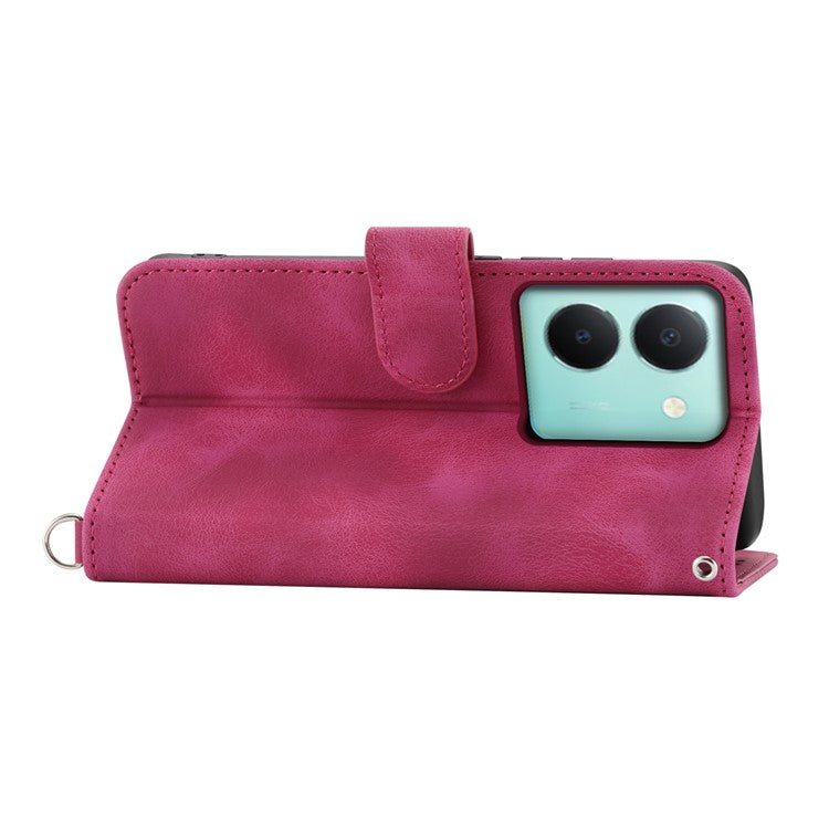 Imprinted Flower Phone Case for vivo Y36 4G (Global) , Stand Wallet Leather Cover with Wrist Strap + Shoulder Strap - Wine Red