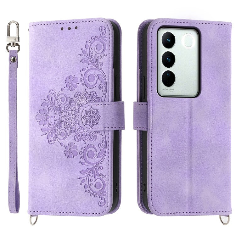 For vivo V27 5G Wallet Leather Cover Stand Phone Imprinted Flower Case with Wrist Strap + Shoulder Strap - Light Purple