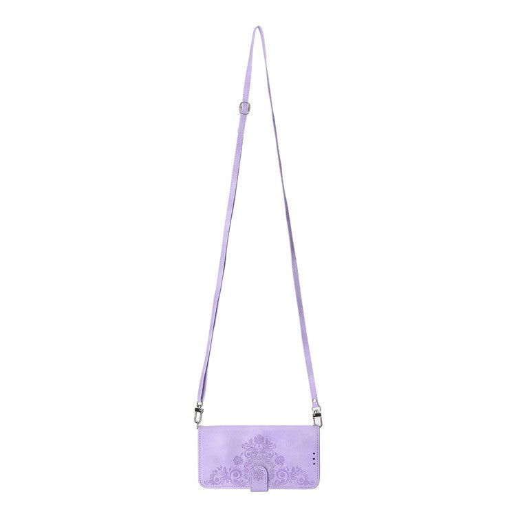 For vivo V27 5G Wallet Leather Cover Stand Phone Imprinted Flower Case with Wrist Strap + Shoulder Strap - Light Purple