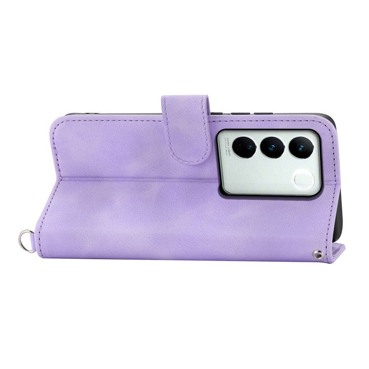 For vivo V27 5G Wallet Leather Cover Stand Phone Imprinted Flower Case with Wrist Strap + Shoulder Strap - Light Purple