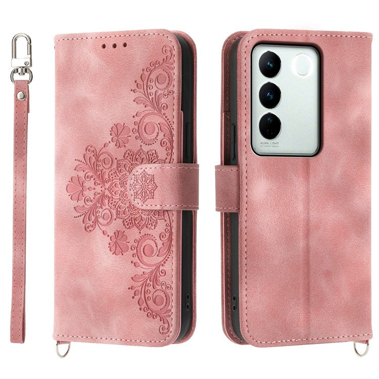 For vivo V27 5G Wallet Leather Cover Stand Phone Imprinted Flower Case with Wrist Strap + Shoulder Strap - Pink