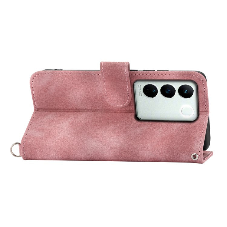 For vivo V27 5G Wallet Leather Cover Stand Phone Imprinted Flower Case with Wrist Strap + Shoulder Strap - Pink