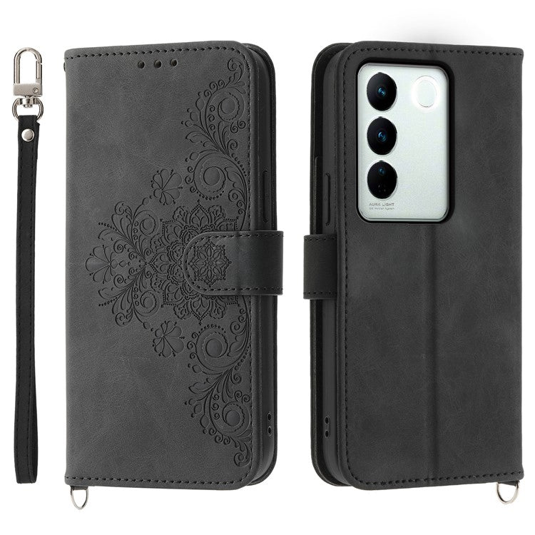 For vivo V27 5G Wallet Leather Cover Stand Phone Imprinted Flower Case with Wrist Strap + Shoulder Strap - Black