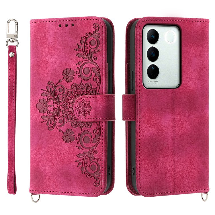 For vivo V27 5G Wallet Leather Cover Stand Phone Imprinted Flower Case with Wrist Strap + Shoulder Strap - Wine Red