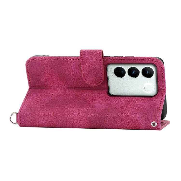 For vivo V27 5G Wallet Leather Cover Stand Phone Imprinted Flower Case with Wrist Strap + Shoulder Strap - Wine Red