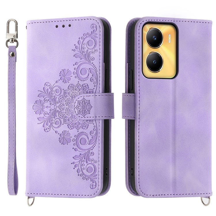 Leather Wallet Phone Case for vivo Y56 5G , Imprinted Flower Stand Cover with Wrist Strap and Shoulder Strap - Light Purple