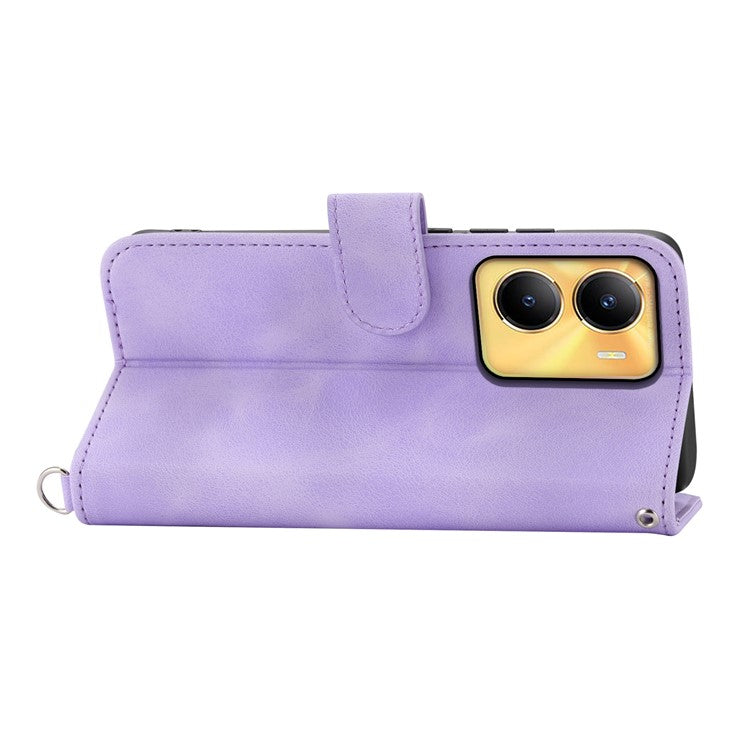 Leather Wallet Phone Case for vivo Y56 5G , Imprinted Flower Stand Cover with Wrist Strap and Shoulder Strap - Light Purple