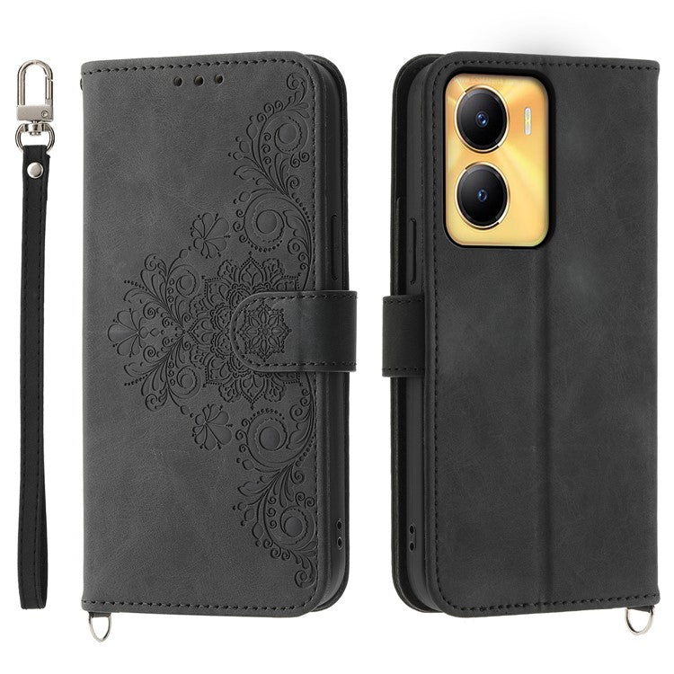 Leather Wallet Phone Case for vivo Y56 5G , Imprinted Flower Stand Cover with Wrist Strap and Shoulder Strap - Black