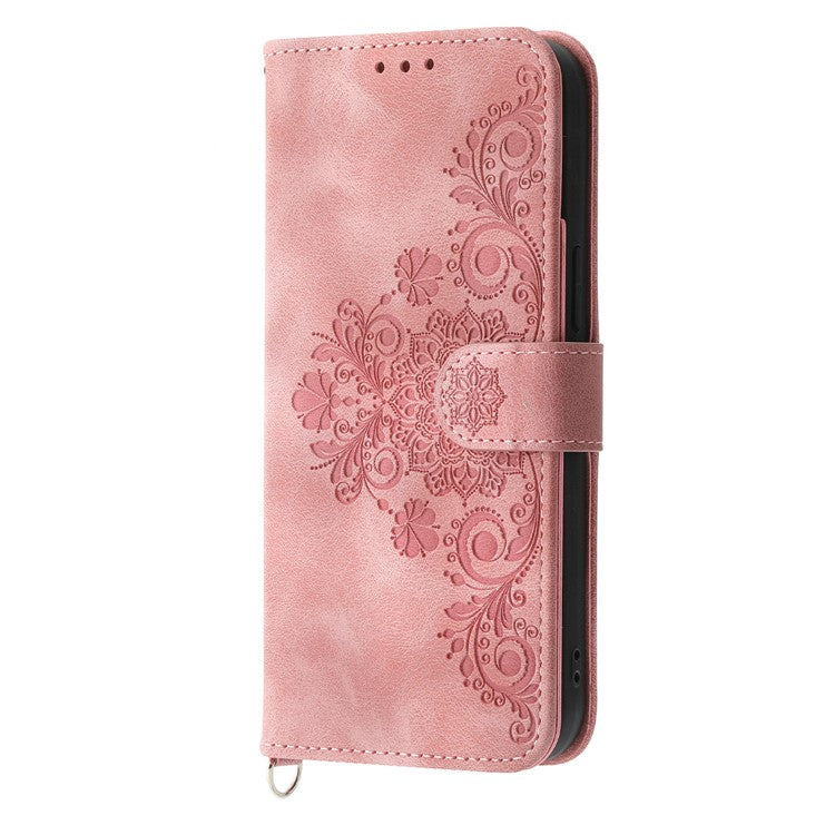 Leather Wallet Phone Case for vivo Y56 5G , Imprinted Flower Stand Cover with Wrist Strap and Shoulder Strap - Pink