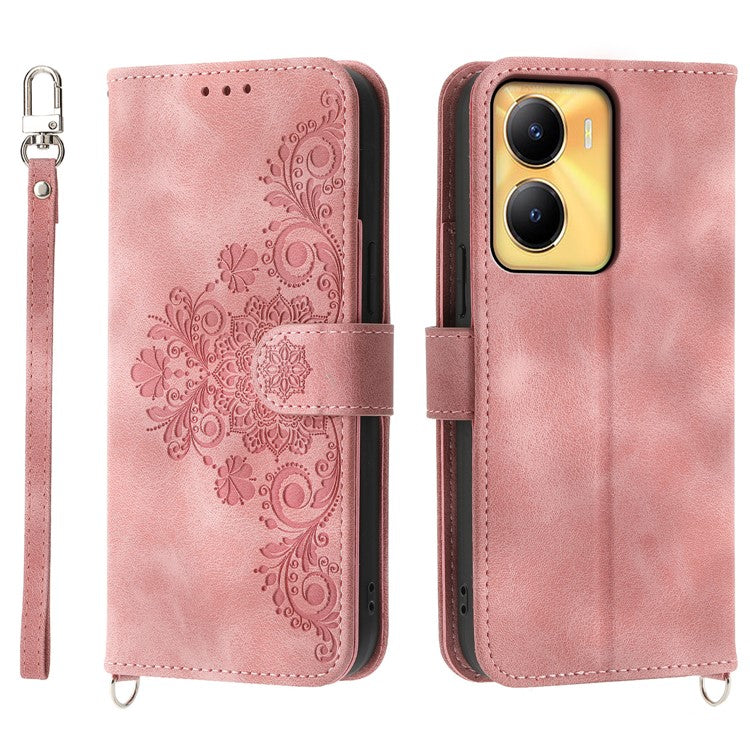 Leather Wallet Phone Case for vivo Y56 5G , Imprinted Flower Stand Cover with Wrist Strap and Shoulder Strap - Pink