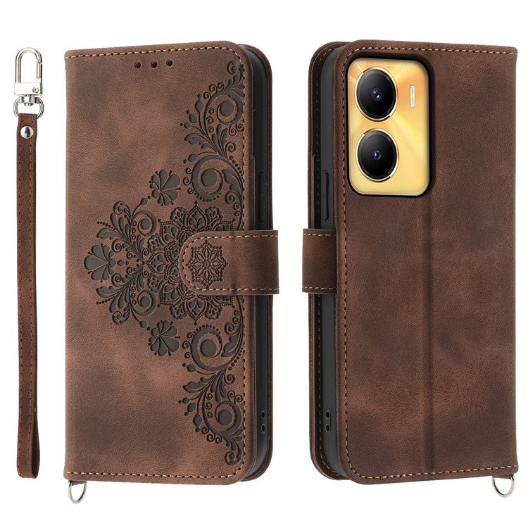 Leather Wallet Phone Case for vivo Y56 5G , Imprinted Flower Stand Cover with Wrist Strap and Shoulder Strap - Brown