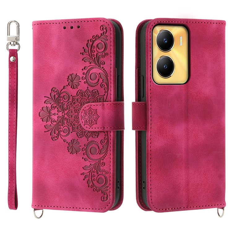 Leather Wallet Phone Case for vivo Y56 5G , Imprinted Flower Stand Cover with Wrist Strap and Shoulder Strap - Wine Red