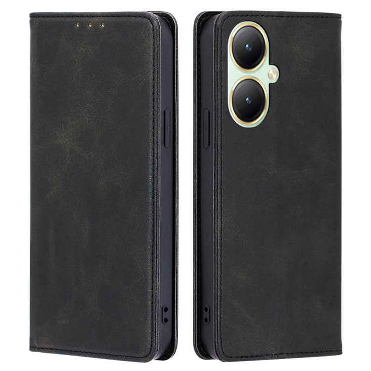 Wallet Leather Case for vivo Y35m+ 5G / Y35+ 5G , Calf Texture Stand Protective Phone Cover - Black