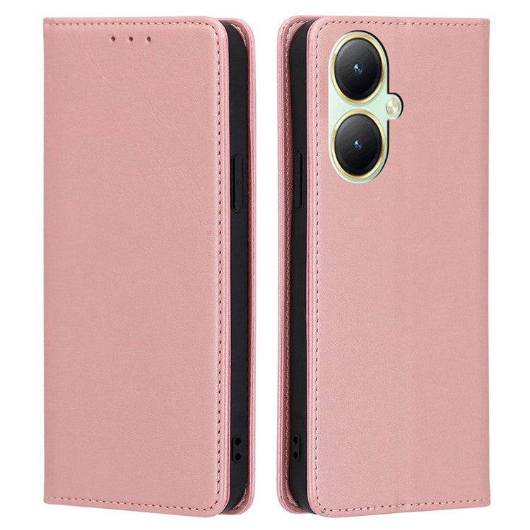 Wallet Leather Case for vivo Y35m+ 5G / Y35+ 5G , Calf Texture Stand Protective Phone Cover - Rose Gold