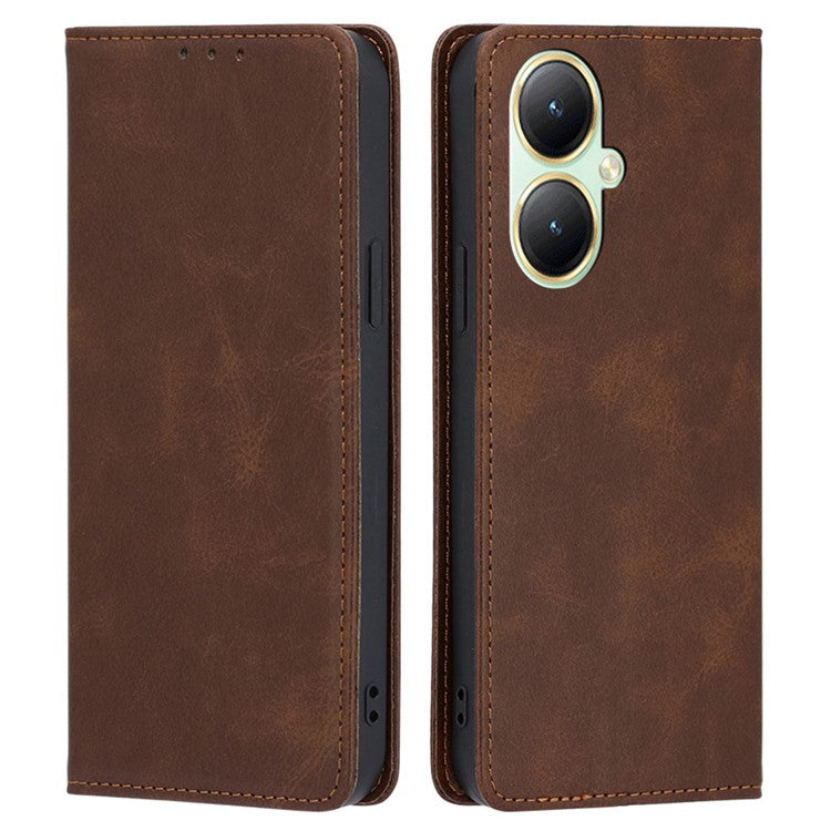 Wallet Leather Case for vivo Y35m+ 5G / Y35+ 5G , Calf Texture Stand Protective Phone Cover - Brown