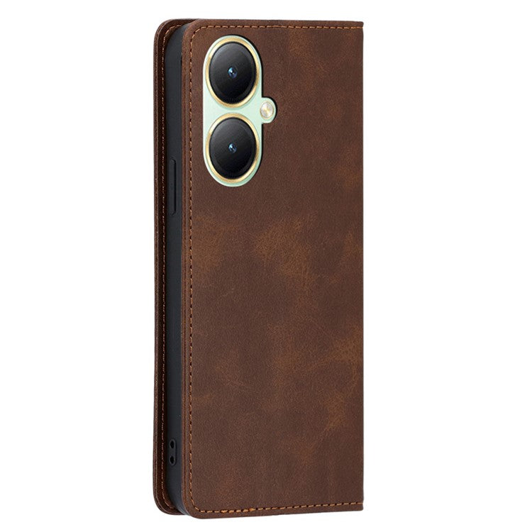 Wallet Leather Case for vivo Y35m+ 5G / Y35+ 5G , Calf Texture Stand Protective Phone Cover - Brown