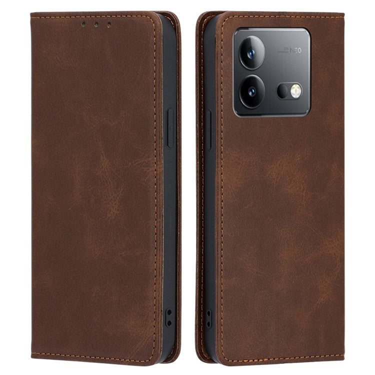 For vivo iQOO Neo8 5G / Neo8 Pro 5G Shockproof Phone Cover Calf Texture Leather Shell Stand Wallet Case - Brown