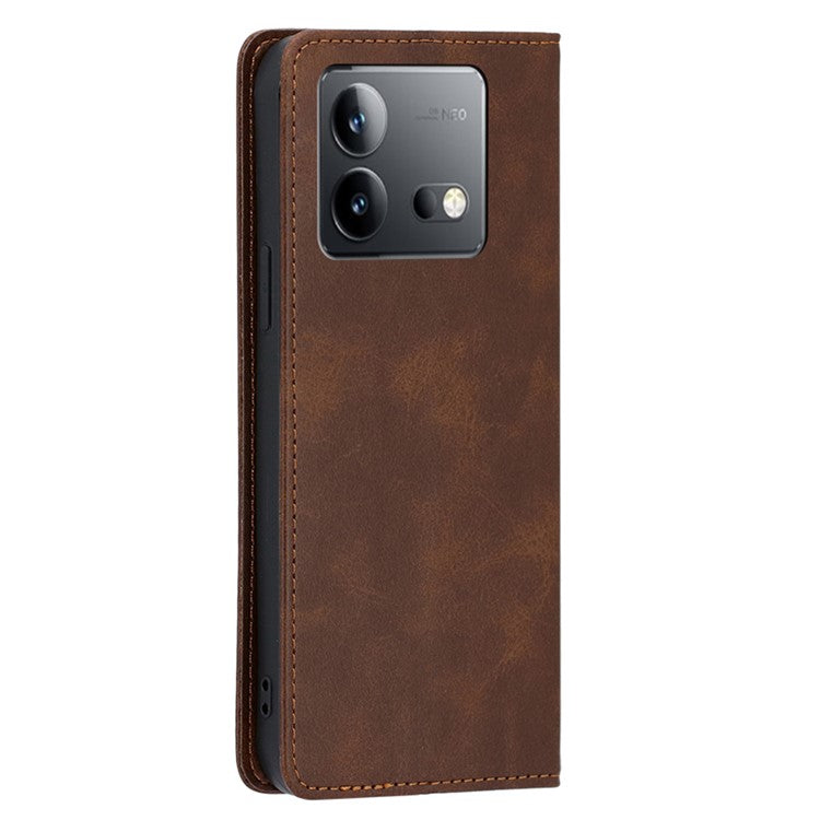 For vivo iQOO Neo8 5G / Neo8 Pro 5G Shockproof Phone Cover Calf Texture Leather Shell Stand Wallet Case - Brown