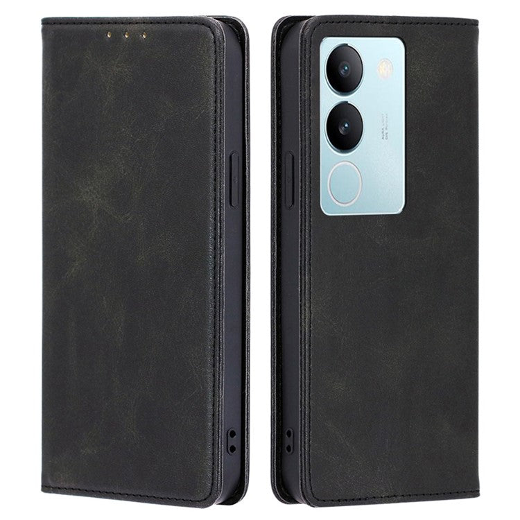 For vivo S17 Pro 5G / S17 5G Anti-Scratch Calf Texture Leather Cover Stand Wallet Phone Case - Black