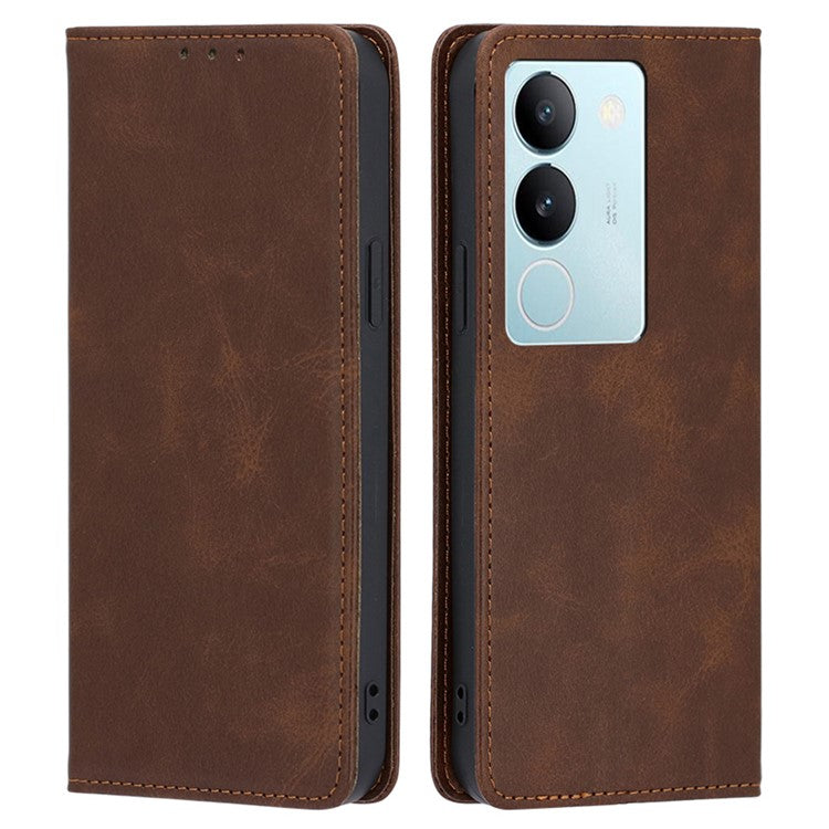 For vivo S17 Pro 5G / S17 5G Anti-Scratch Calf Texture Leather Cover Stand Wallet Phone Case - Brown