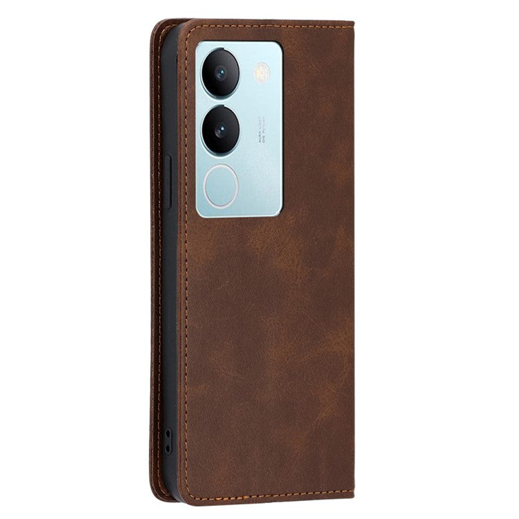 For vivo S17 Pro 5G / S17 5G Anti-Scratch Calf Texture Leather Cover Stand Wallet Phone Case - Brown