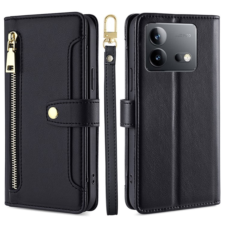 For vivo iQOO Neo8 5G / iQOO Neo8 Pro 5G Zipper Pocket Phone Leather Case Multiple Card Slots Cover with Straps - Black