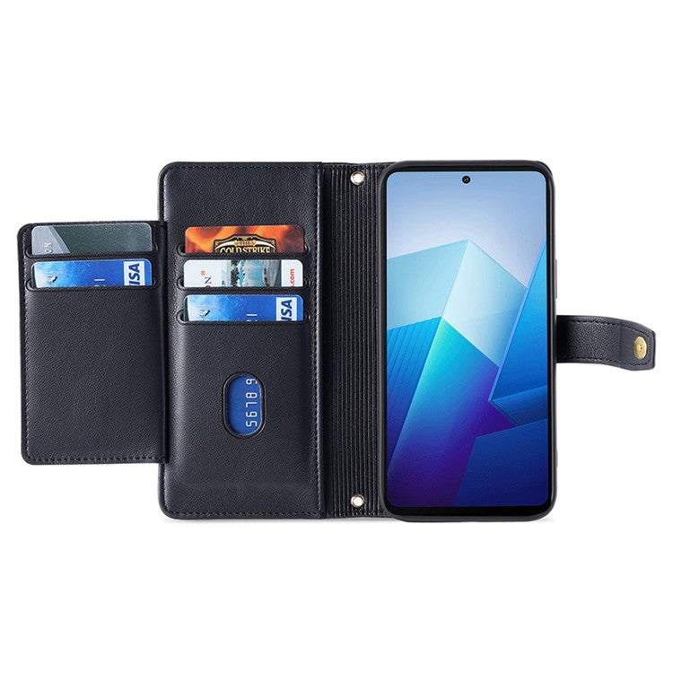 For vivo iQOO Neo8 5G / iQOO Neo8 Pro 5G Zipper Pocket Phone Leather Case Multiple Card Slots Cover with Straps - Black