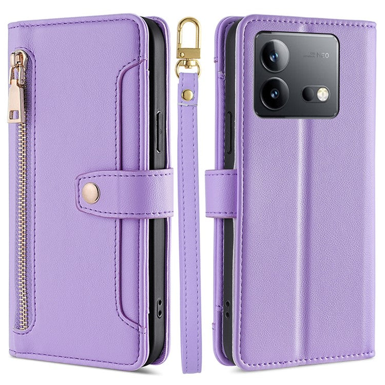 For vivo iQOO Neo8 5G / iQOO Neo8 Pro 5G Zipper Pocket Phone Leather Case Multiple Card Slots Cover with Straps - Purple