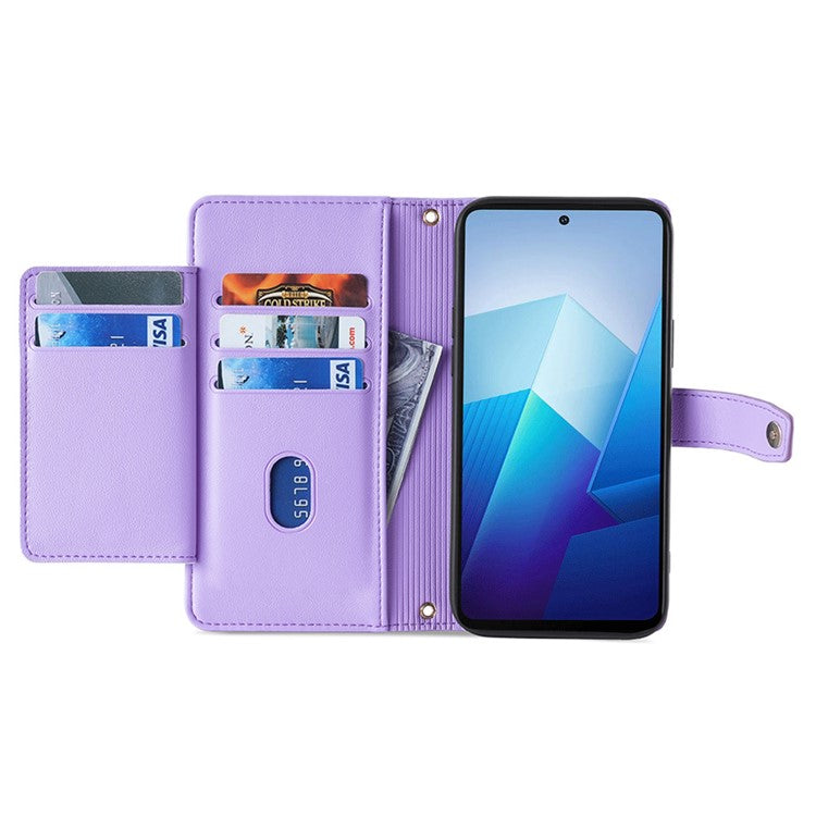 For vivo iQOO Neo8 5G / iQOO Neo8 Pro 5G Zipper Pocket Phone Leather Case Multiple Card Slots Cover with Straps - Purple