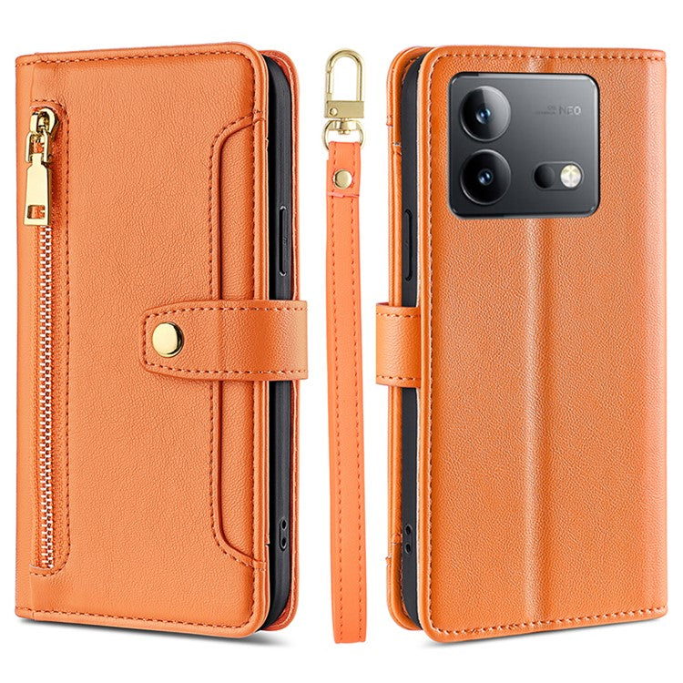 For vivo iQOO Neo8 5G / iQOO Neo8 Pro 5G Zipper Pocket Phone Leather Case Multiple Card Slots Cover with Straps - Orange