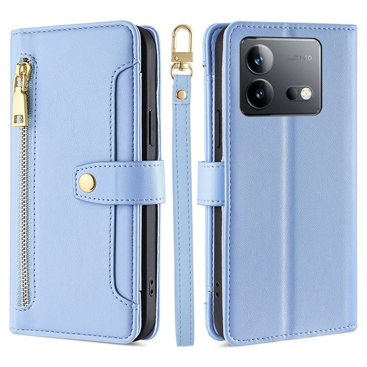 For vivo iQOO Neo8 5G / iQOO Neo8 Pro 5G Zipper Pocket Phone Leather Case Multiple Card Slots Cover with Straps - Blue