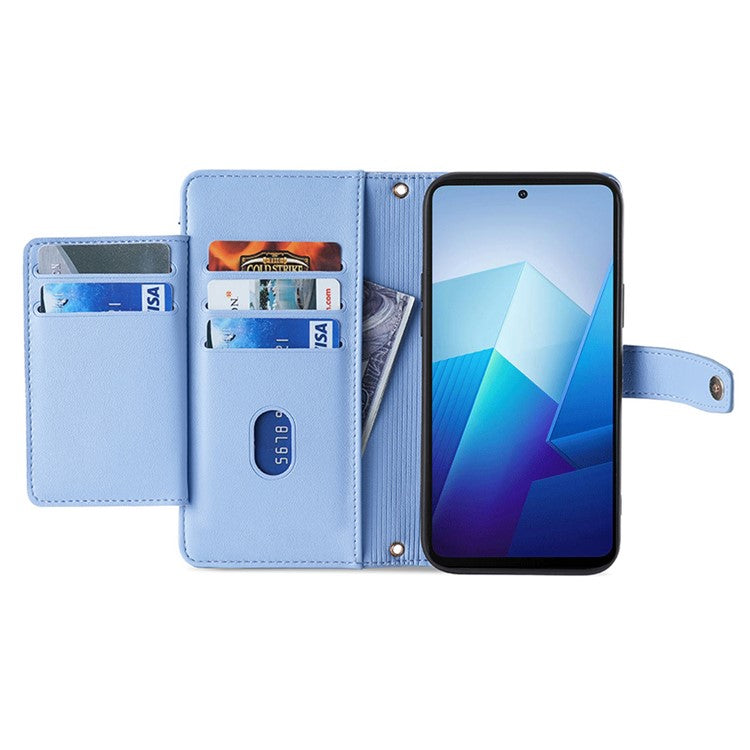 For vivo iQOO Neo8 5G / iQOO Neo8 Pro 5G Zipper Pocket Phone Leather Case Multiple Card Slots Cover with Straps - Blue