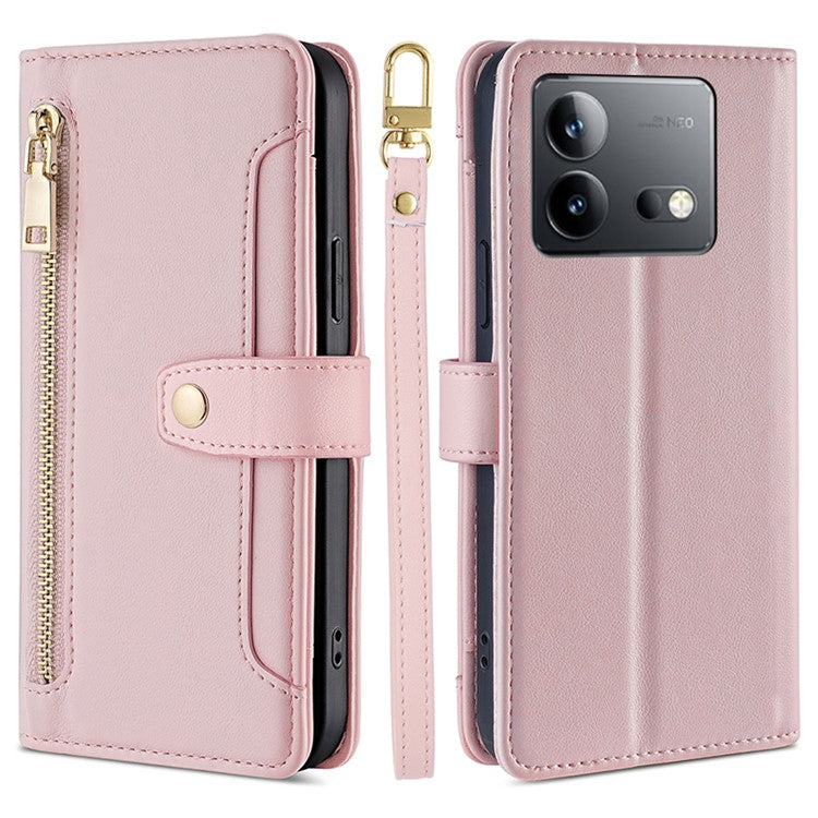 For vivo iQOO Neo8 5G / iQOO Neo8 Pro 5G Zipper Pocket Phone Leather Case Multiple Card Slots Cover with Straps - Pink