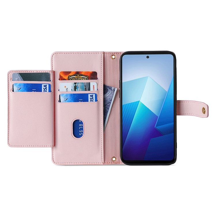 For vivo iQOO Neo8 5G / iQOO Neo8 Pro 5G Zipper Pocket Phone Leather Case Multiple Card Slots Cover with Straps - Pink