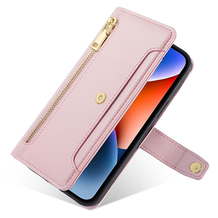 For vivo iQOO Neo8 5G / iQOO Neo8 Pro 5G Zipper Pocket Phone Leather Case Multiple Card Slots Cover with Straps - Pink