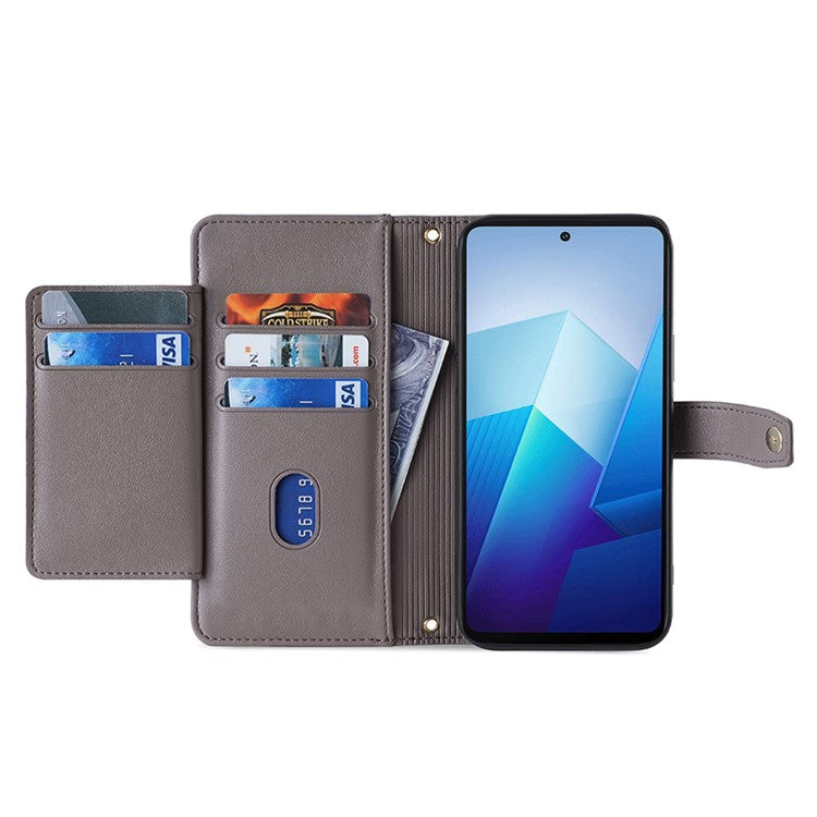 For vivo iQOO Neo8 5G / iQOO Neo8 Pro 5G Zipper Pocket Phone Leather Case Multiple Card Slots Cover with Straps - Grey