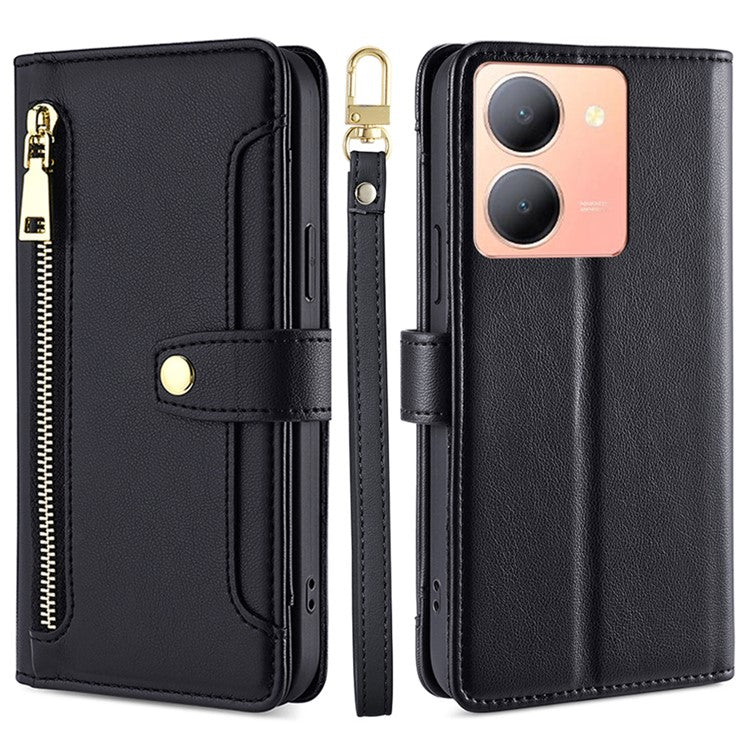 Multiple Card Slots Shell for vivo Y78 5G Zipper Pocket Phone Leather Case Anti-drop Cover with Straps - Black