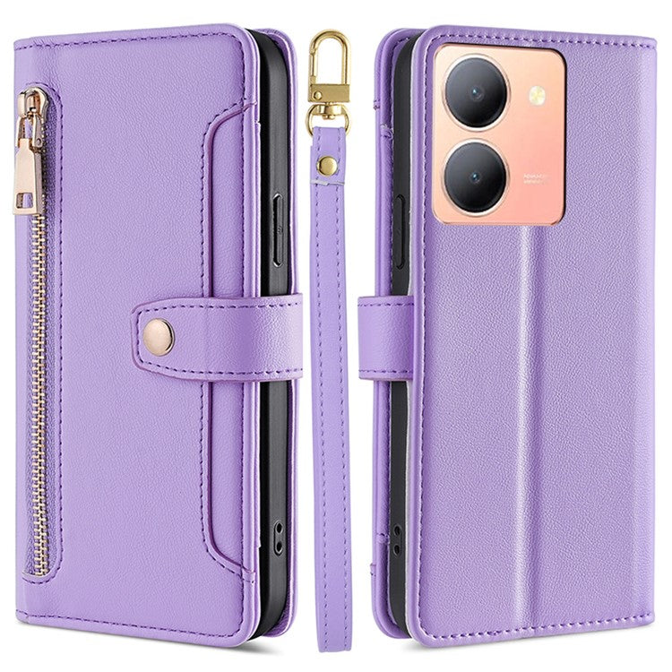 Multiple Card Slots Shell for vivo Y78 5G Zipper Pocket Phone Leather Case Anti-drop Cover with Straps - Purple