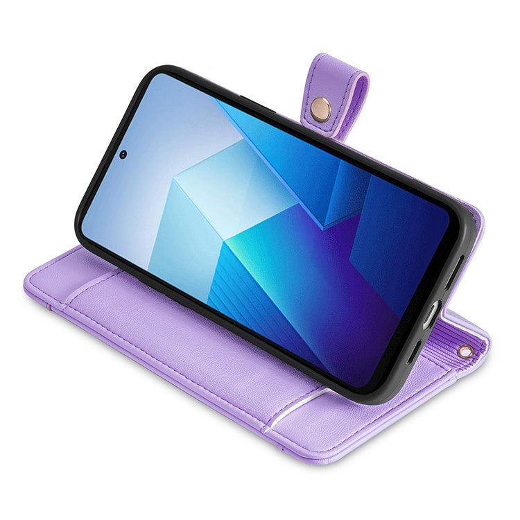 Multiple Card Slots Shell for vivo Y78 5G Zipper Pocket Phone Leather Case Anti-drop Cover with Straps - Purple