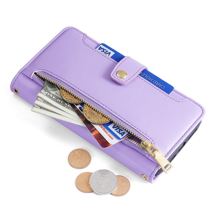 Multiple Card Slots Shell for vivo Y78 5G Zipper Pocket Phone Leather Case Anti-drop Cover with Straps - Purple