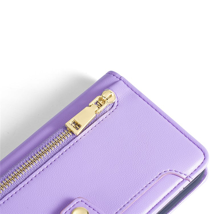 Multiple Card Slots Shell for vivo Y78 5G Zipper Pocket Phone Leather Case Anti-drop Cover with Straps - Purple